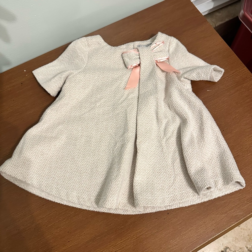 Tahari Cream Dress with Pink Bow, 6-9 Months